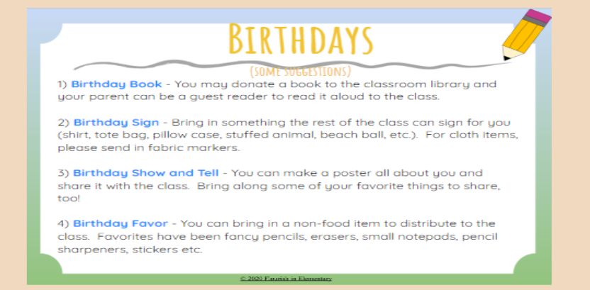 1 Birthday Book 2 Birthday Sign 3 Birthday Show and Tell 4 Birthday Favor